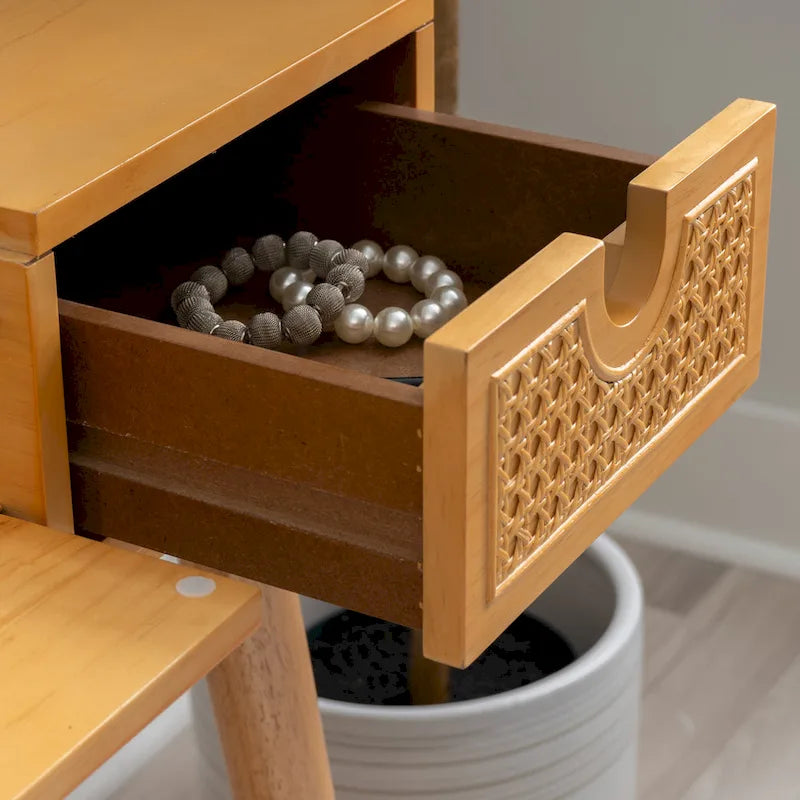 Meuble-lavabo en bois naturel à 2 tiroirs en rotin