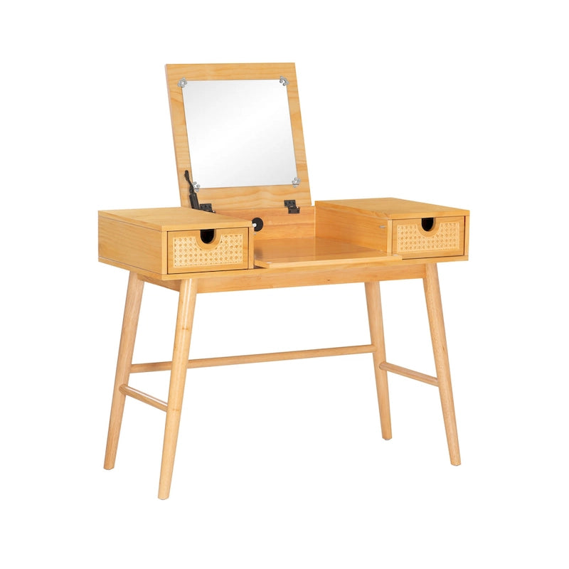 Meuble-lavabo en bois naturel à 2 tiroirs en rotin