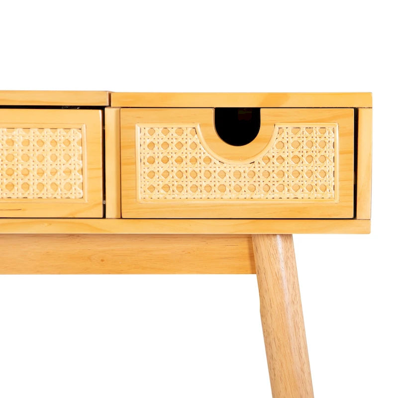 Meuble-lavabo en bois naturel à 2 tiroirs en rotin