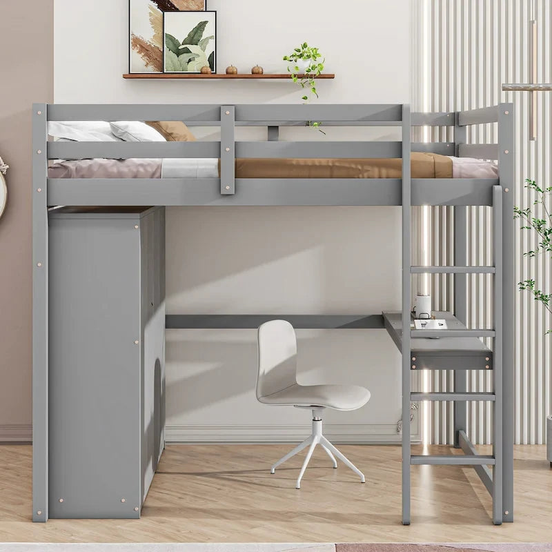 Lit mezzanine double en bois avec armoire intégrée, bureau, étagères de rangement et tiroirs, gris