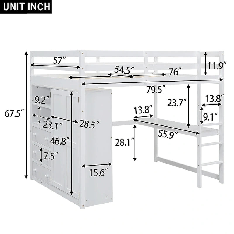 Lit mezzanine double en bois avec armoire intégrée, bureau, étagères de rangement et tiroirs, gris