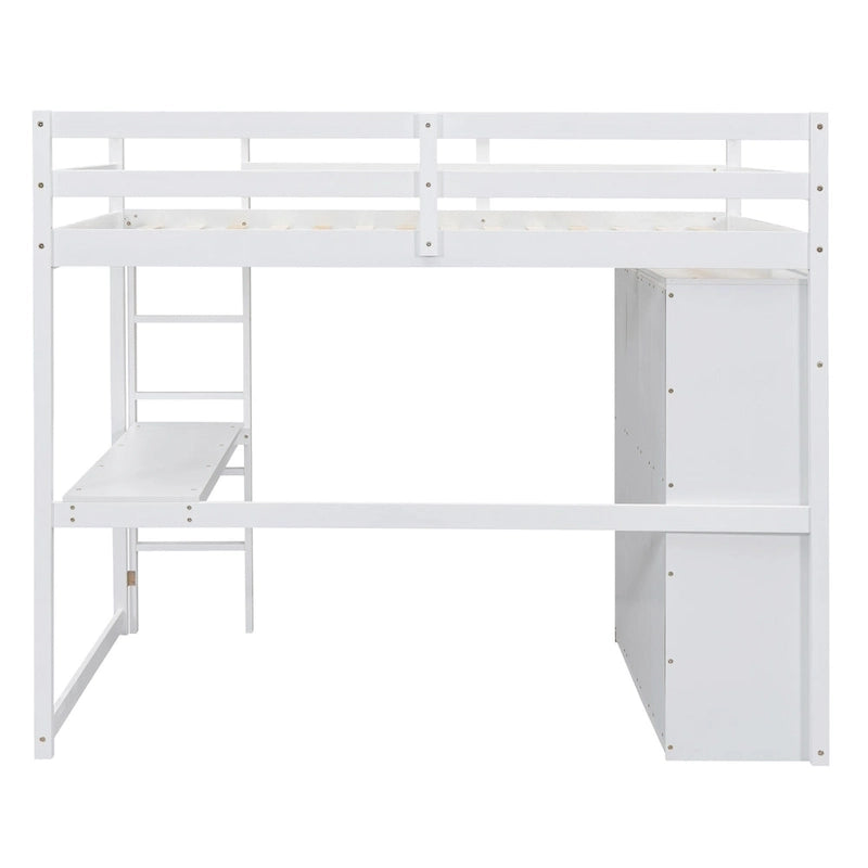 Lit mezzanine double en bois avec armoire intégrée, bureau, étagères de rangement et tiroirs, gris