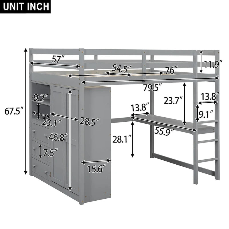 Lit mezzanine double en bois avec armoire intégrée, bureau, étagères de rangement et tiroirs, gris