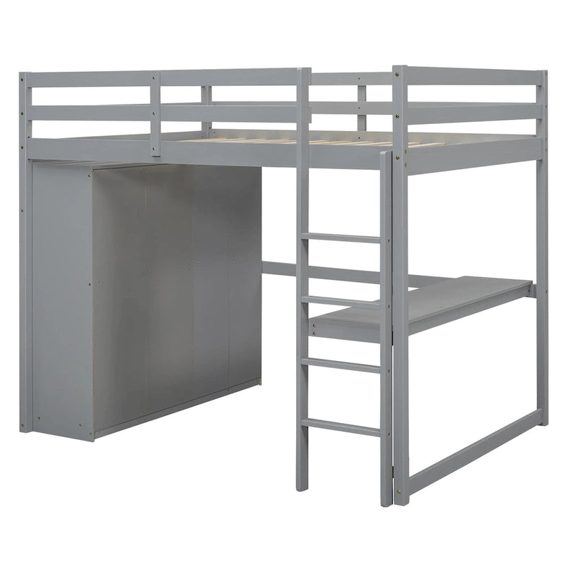 Lit mezzanine double en bois avec armoire intégrée, bureau, étagères de rangement et tiroirs, gris