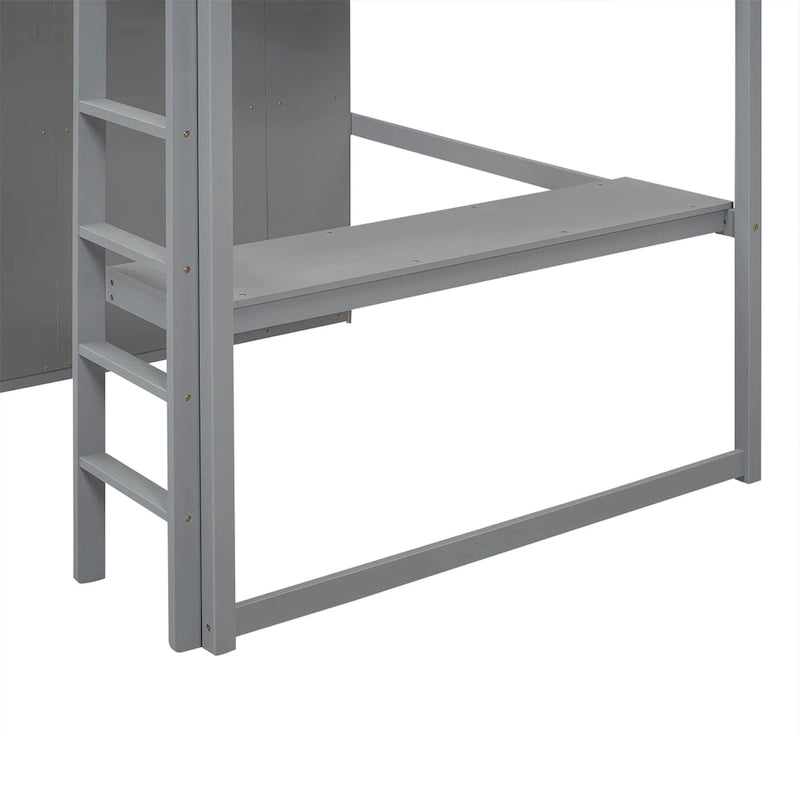 Lit mezzanine double en bois avec armoire intégrée, bureau, étagères de rangement et tiroirs, gris