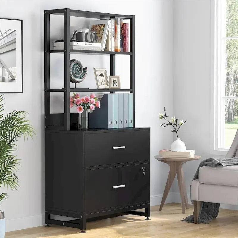 Meuble de rangement haut à 4 niveaux marron/noir avec serrure, étagères multifonctionnelles pour collection, bibliothèques de classement
