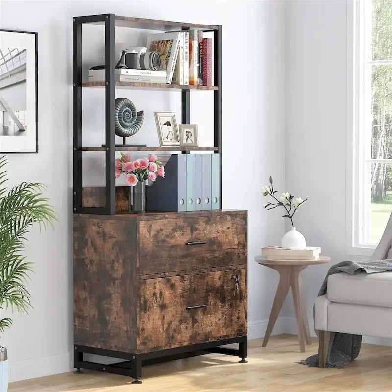 Meuble de rangement haut à 4 niveaux marron/noir avec serrure, étagères multifonctionnelles pour collection, bibliothèques de classement