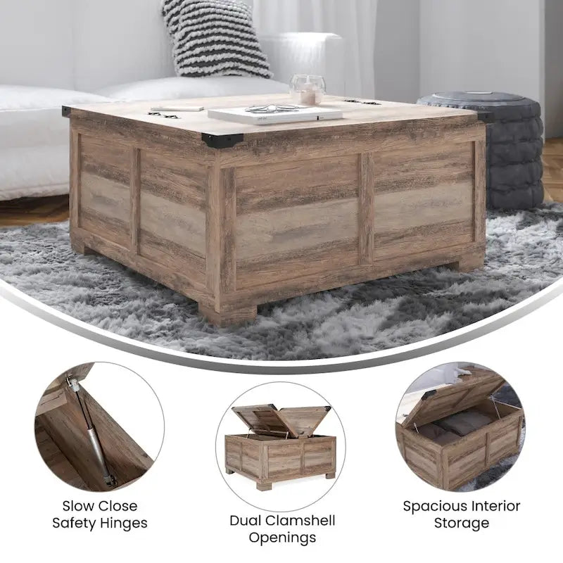 Table basse de style ferme moderne avec rangement intérieur dissimulé