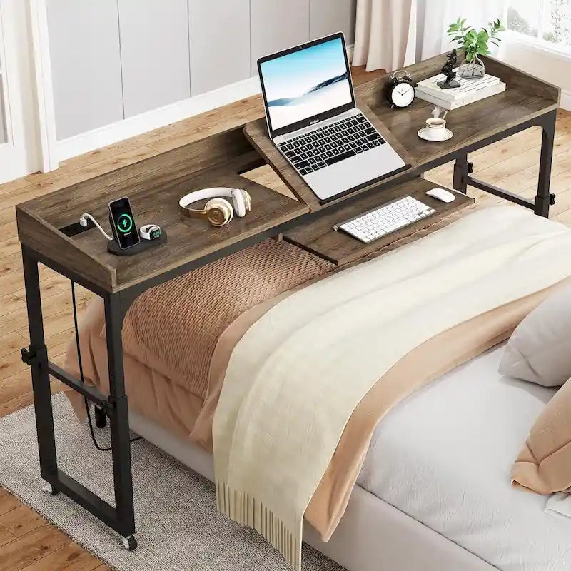Table de lit réglable en hauteur avec roulettes, Chariot mobile pour ordinateur portable avec prises et ports USB