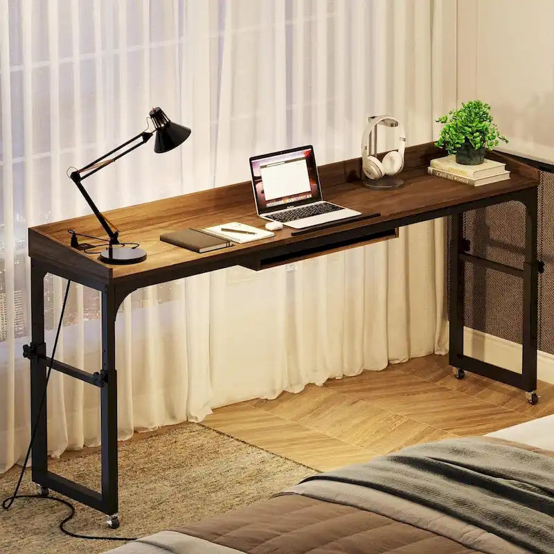 Table de lit réglable en hauteur avec roulettes, Chariot mobile pour ordinateur portable avec prises et ports USB