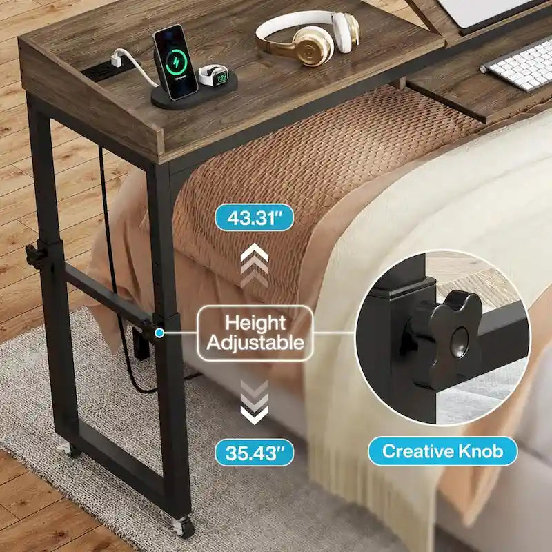 Table de lit réglable en hauteur avec roulettes, Chariot mobile pour ordinateur portable avec prises et ports USB