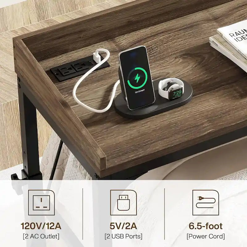 Table de lit réglable en hauteur avec roulettes, Chariot mobile pour ordinateur portable avec prises et ports USB