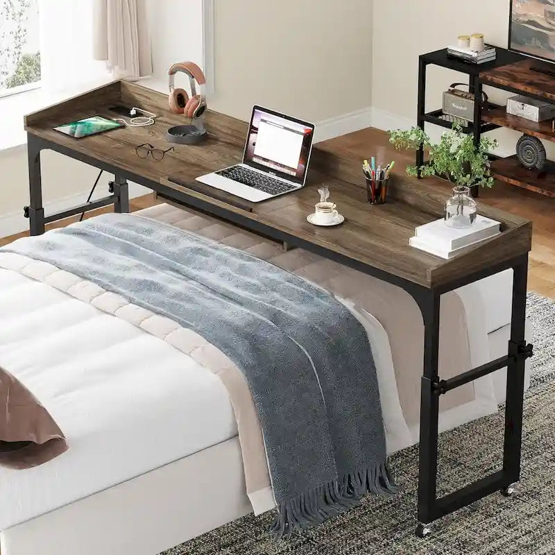 Table de lit réglable en hauteur avec roulettes, Chariot mobile pour ordinateur portable avec prises et ports USB
