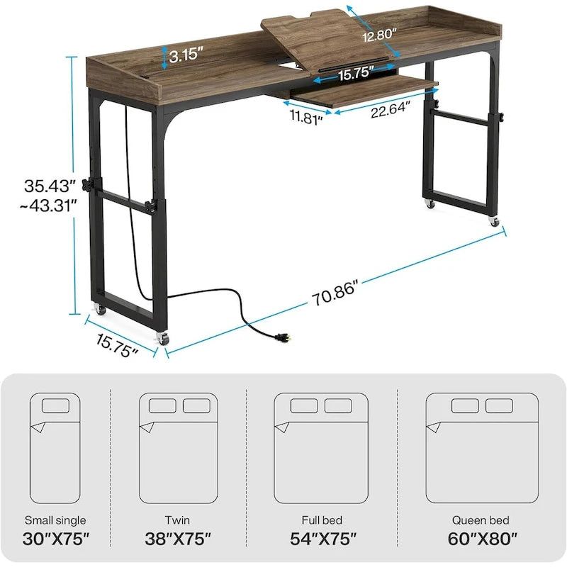 Table de lit réglable en hauteur avec roulettes, Chariot mobile pour ordinateur portable avec prises et ports USB