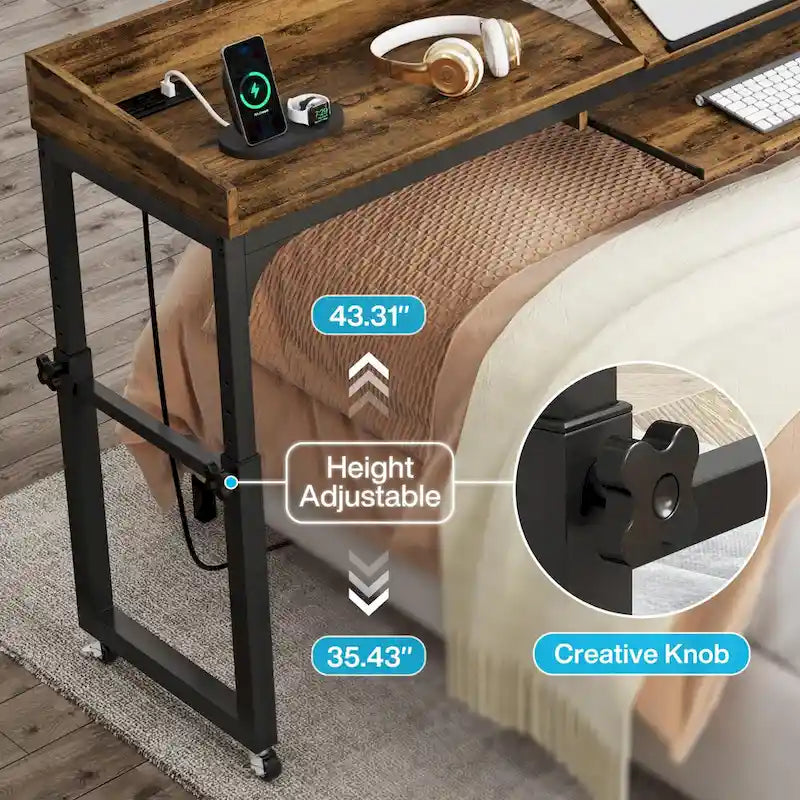 Table de lit réglable en hauteur avec roulettes, Chariot mobile pour ordinateur portable avec prises et ports USB