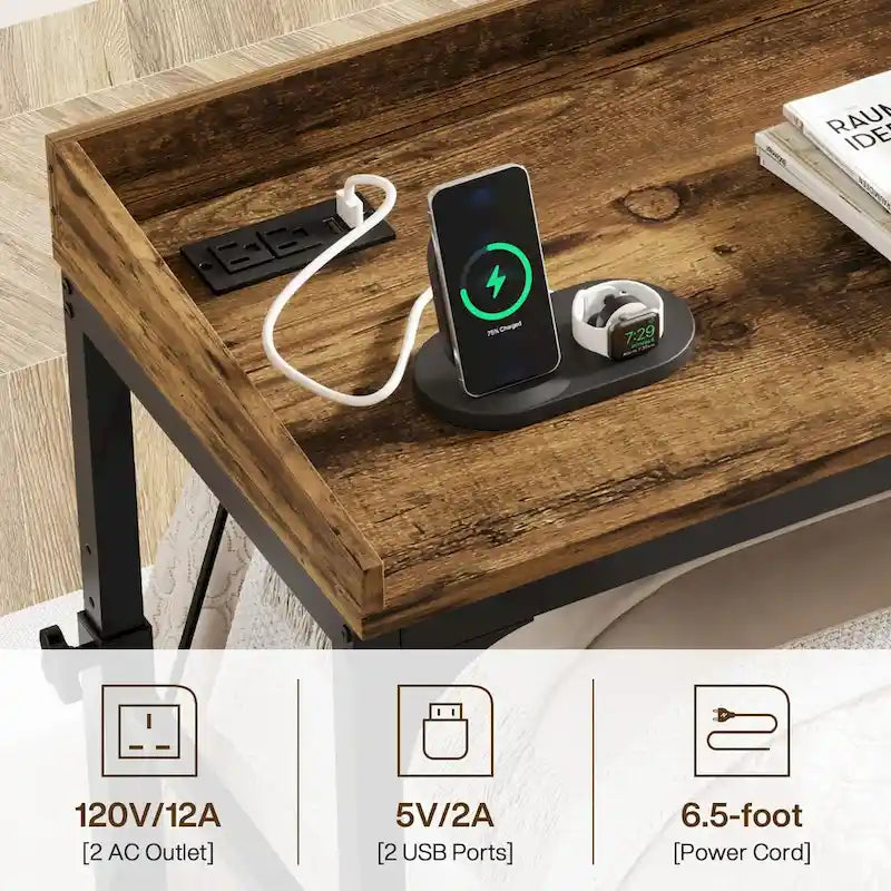 Table de lit réglable en hauteur avec roulettes, Chariot mobile pour ordinateur portable avec prises et ports USB