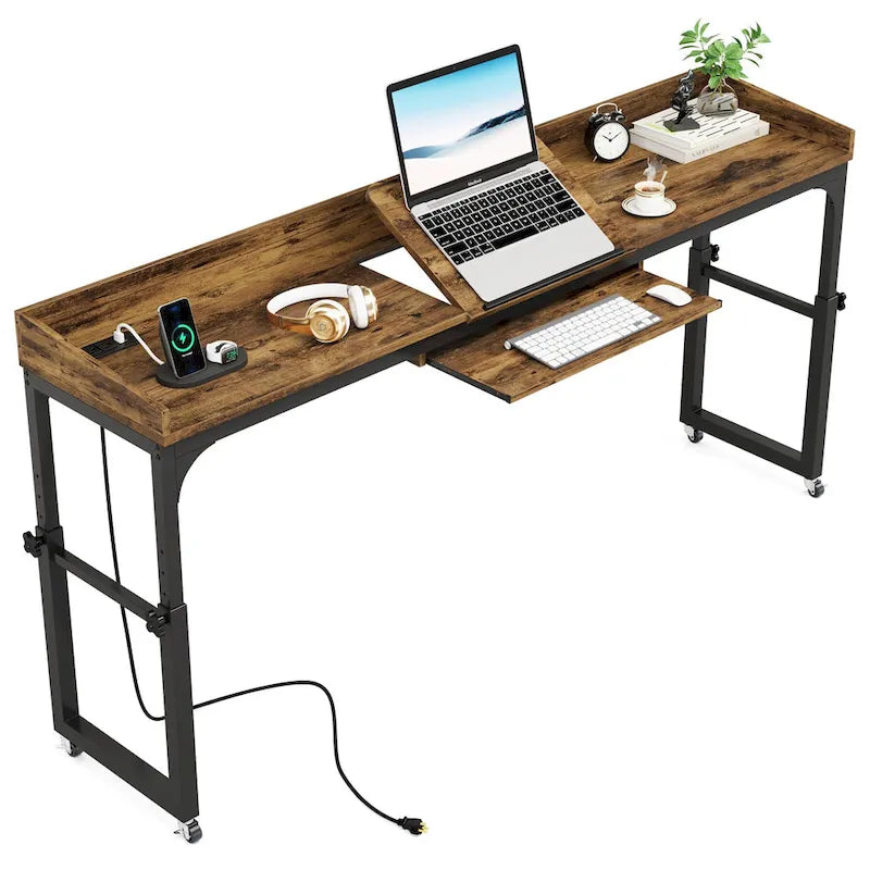 Table de lit réglable en hauteur avec roulettes, Chariot mobile pour ordinateur portable avec prises et ports USB