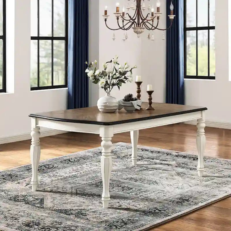 Table de salle à manger de style campagnard français, finition blanc antique et chêne vieilli