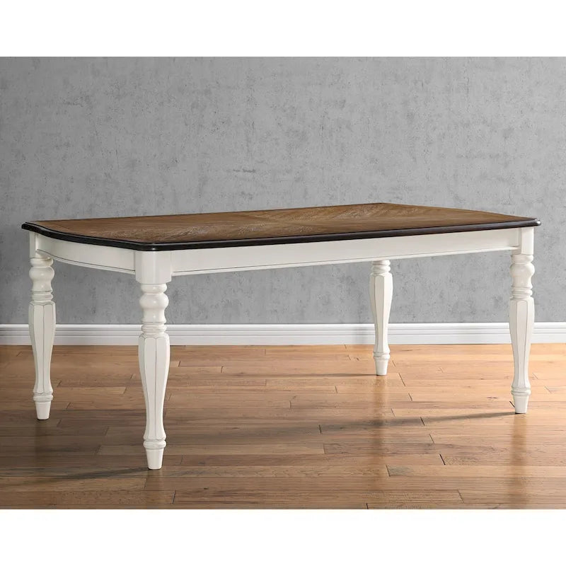 Table de salle à manger de style campagnard français, finition blanc antique et chêne vieilli