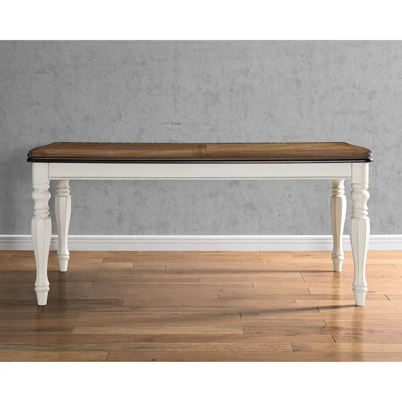 Table de salle à manger de style campagnard français, finition blanc antique et chêne vieilli