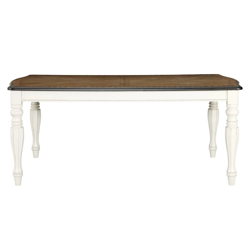 Table de salle à manger de style campagnard français, finition blanc antique et chêne vieilli
