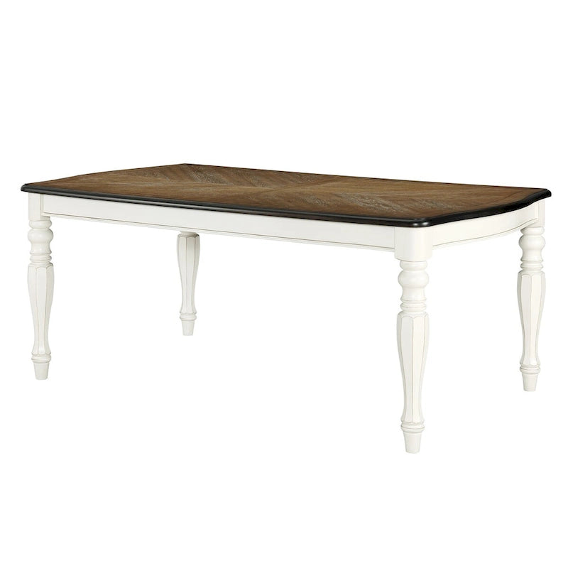 Table de salle à manger de style campagnard français, finition blanc antique et chêne vieilli