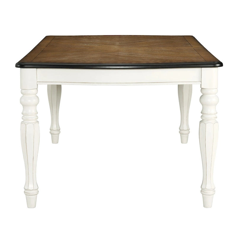 Table de salle à manger de style campagnard français, finition blanc antique et chêne vieilli