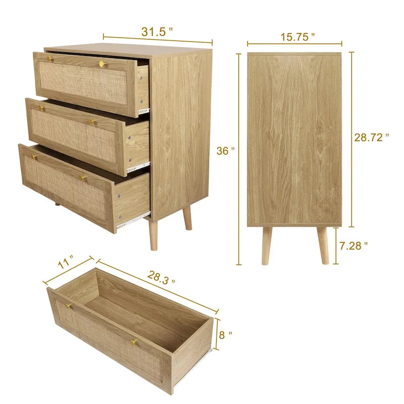 Commode 3 tiroirs en rotin, meuble de rangement bohème moderne avec grand espace de rangement pour chambre à coucher