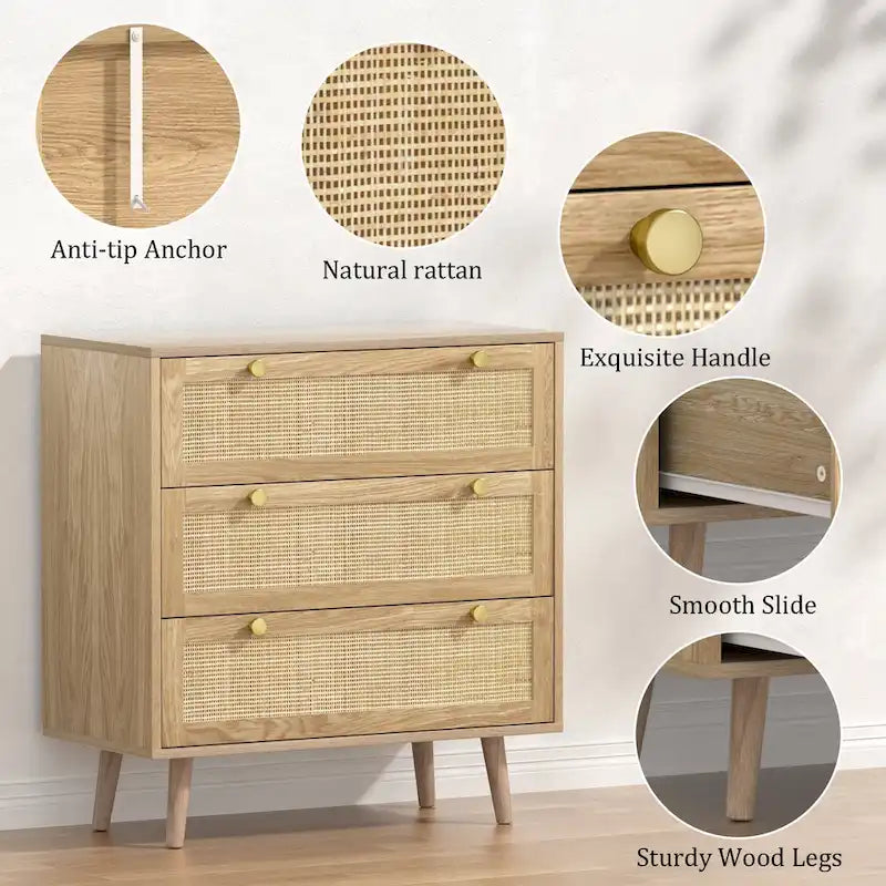 Commode 3 tiroirs en rotin, meuble de rangement bohème moderne avec grand espace de rangement pour chambre à coucher