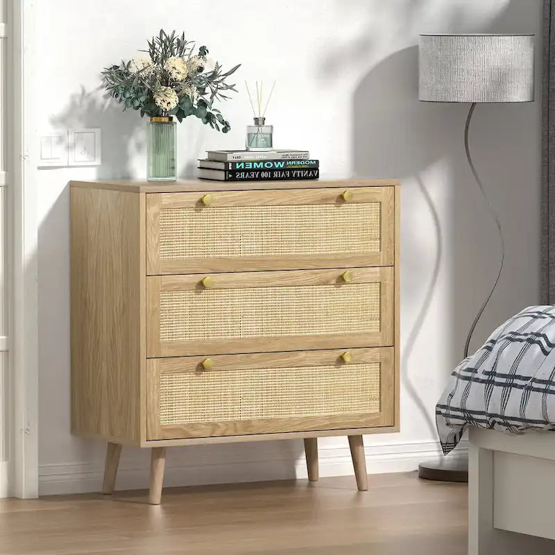 Commode 3 tiroirs en rotin, meuble de rangement bohème moderne avec grand espace de rangement pour chambre à coucher