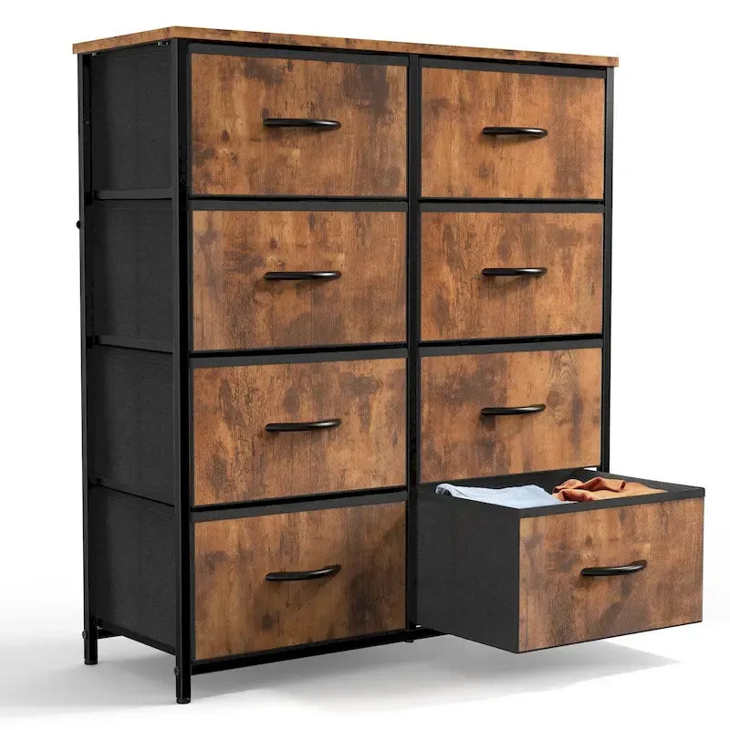 Meuble de Rangement de Chambre avec 8 Tiroirs, Commode Haute et Commode en Tissu avec Plateau en Bois et Cadre en Acier Robuste