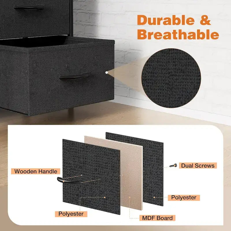 Meuble de Rangement de Chambre avec 8 Tiroirs, Commode Haute et Commode en Tissu avec Plateau en Bois et Cadre en Acier Robuste