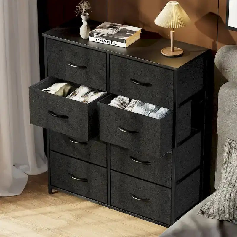 Meuble de Rangement de Chambre avec 8 Tiroirs, Commode Haute et Commode en Tissu avec Plateau en Bois et Cadre en Acier Robuste