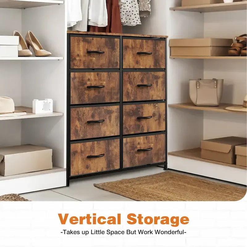 Meuble de Rangement de Chambre avec 8 Tiroirs, Commode Haute et Commode en Tissu avec Plateau en Bois et Cadre en Acier Robuste