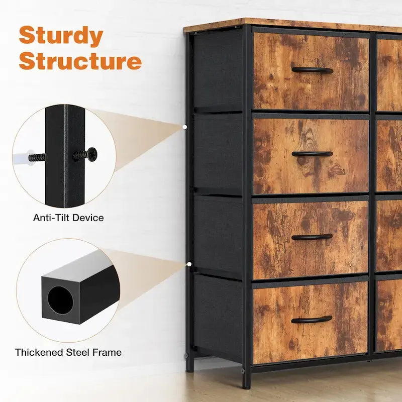 Meuble de Rangement de Chambre avec 8 Tiroirs, Commode Haute et Commode en Tissu avec Plateau en Bois et Cadre en Acier Robuste