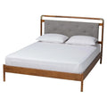 Lit Plateforme Queen en Tissu Bouclé Gris Clair et Bois de Noyer Marron Style Mid-Century