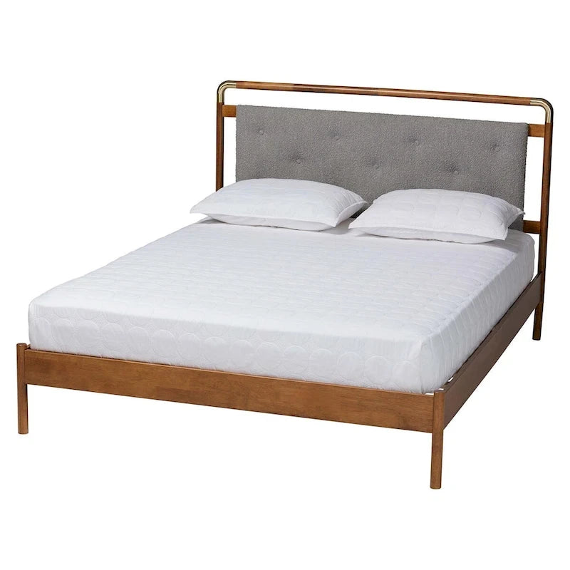 Lit Plateforme Queen en Tissu Bouclé Gris Clair et Bois de Noyer Marron Style Mid-Century