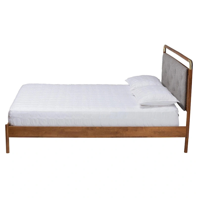 Lit Plateforme Queen en Tissu Bouclé Gris Clair et Bois de Noyer Marron Style Mid-Century