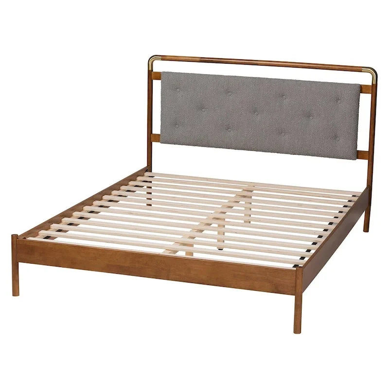 Lit Plateforme Queen en Tissu Bouclé Gris Clair et Bois de Noyer Marron Style Mid-Century