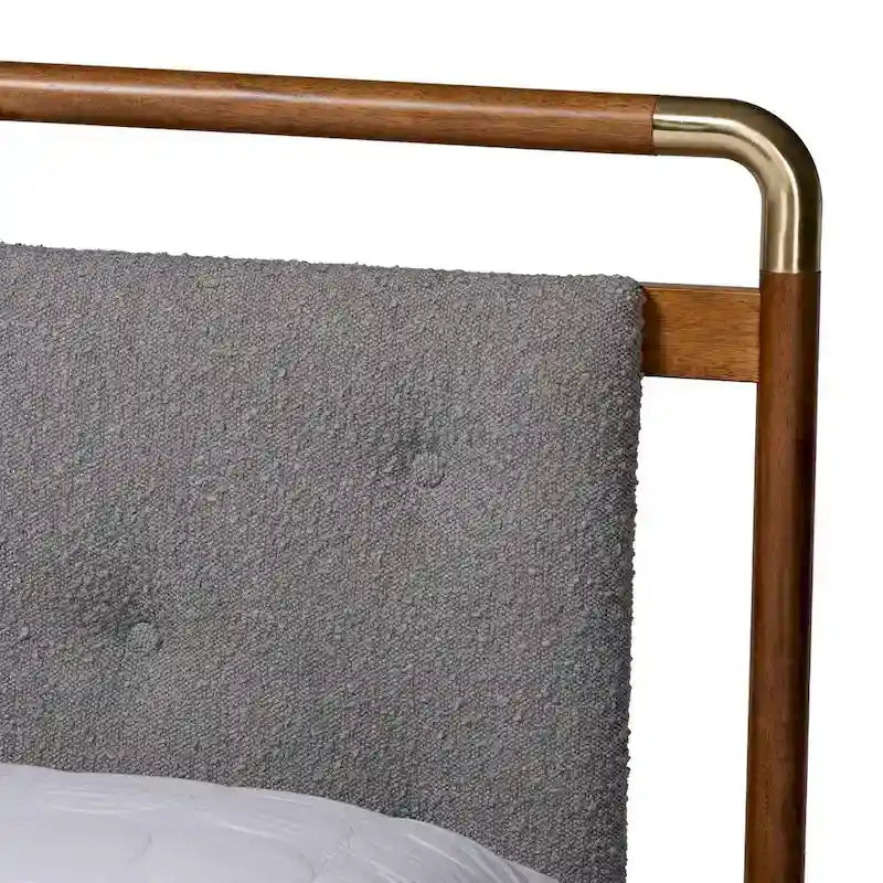 Lit Plateforme Queen en Tissu Bouclé Gris Clair et Bois de Noyer Marron Style Mid-Century