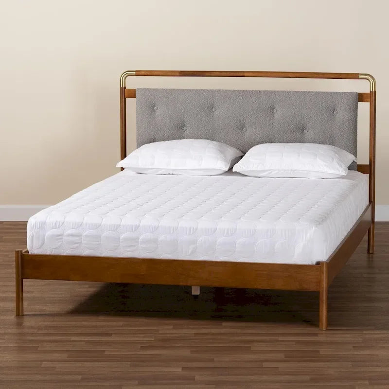 Lit Plateforme Queen en Tissu Bouclé Gris Clair et Bois de Noyer Marron Style Mid-Century