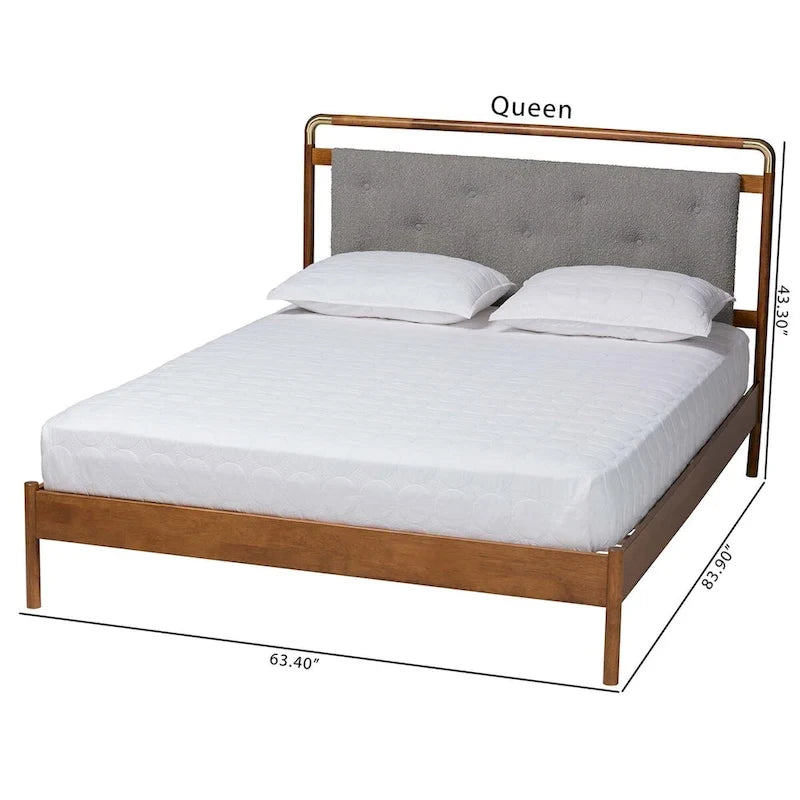 Lit Plateforme Queen en Tissu Bouclé Gris Clair et Bois de Noyer Marron Style Mid-Century