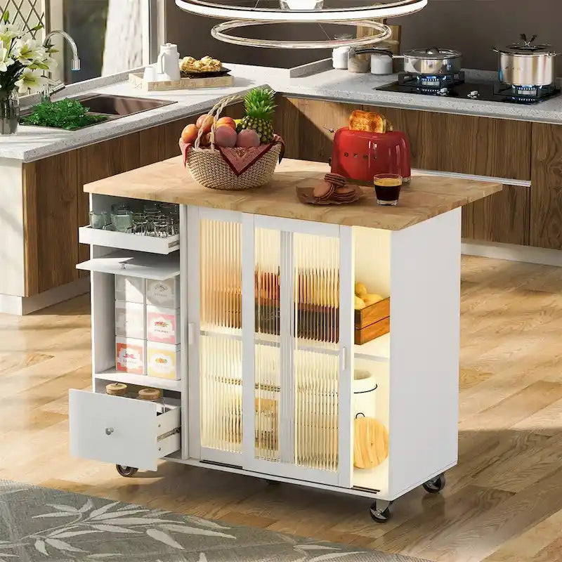 Grand îlot de cuisine roulant avec une étagère réglable et 2 tiroirs