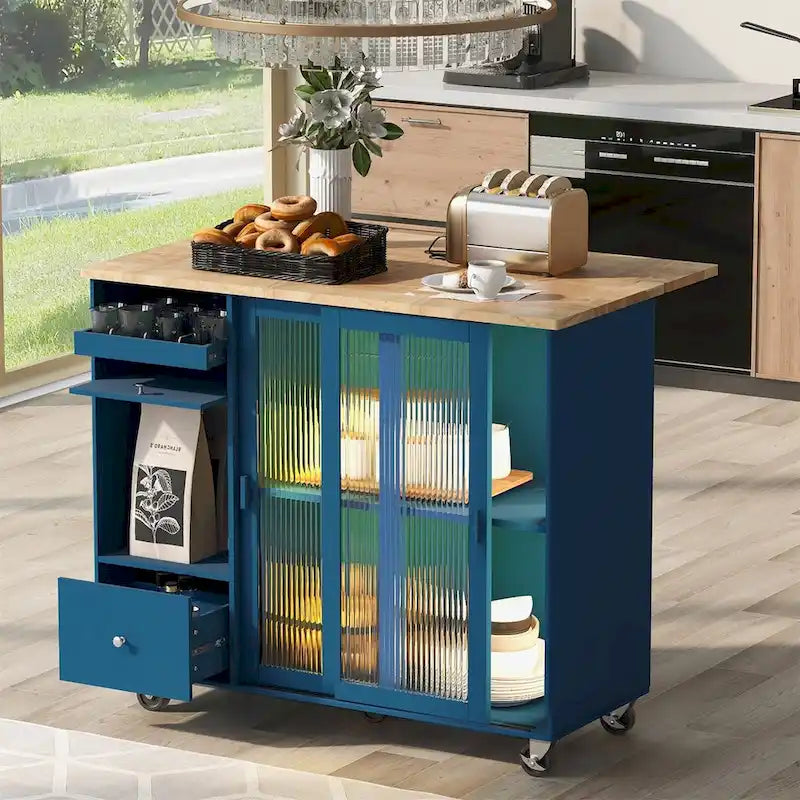 Grand îlot de cuisine roulant avec une étagère réglable et 2 tiroirs