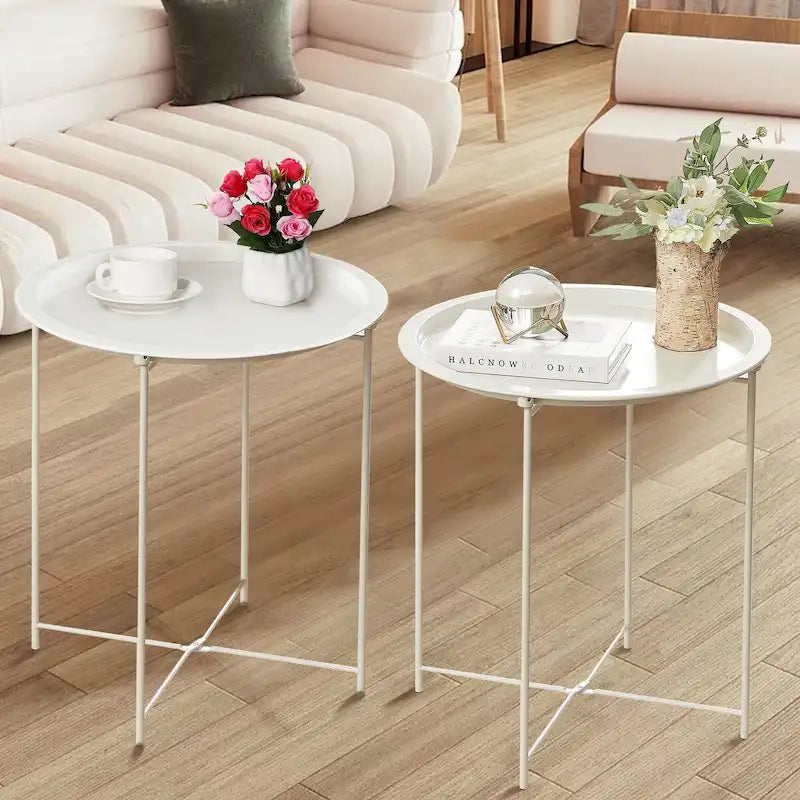 Lot de 2 Tables Rondes Pliantes, Petite Table d'Appoint Ronde en Acier, Aucun Assemblage Requis - 47 x 47 x 50 cm