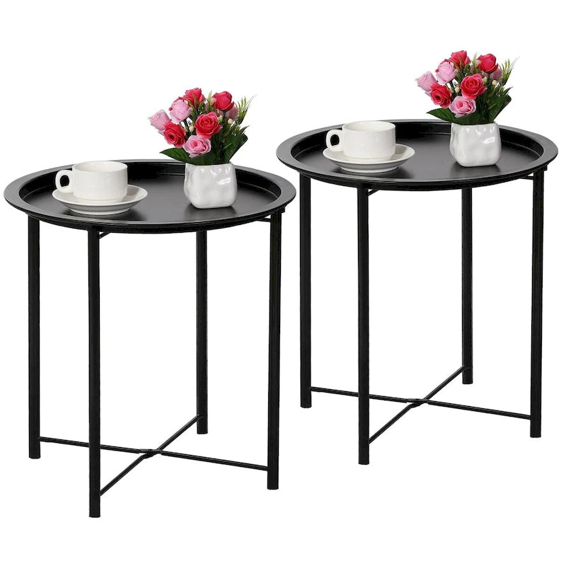 Lot de 2 Tables Rondes Pliantes, Petite Table d'Appoint Ronde en Acier, Aucun Assemblage Requis - 47 x 47 x 50 cm