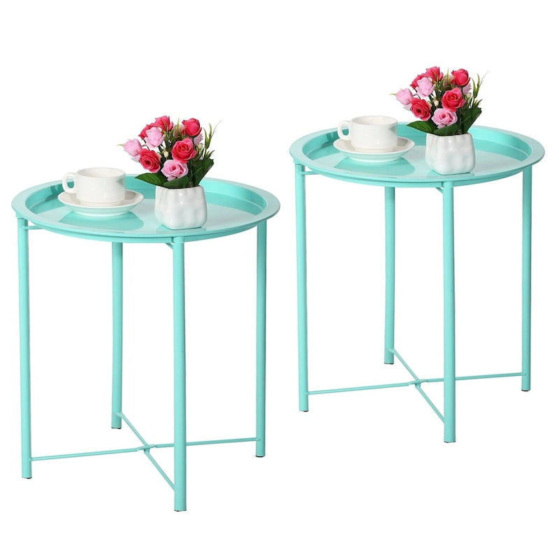 Lot de 2 Tables Rondes Pliantes, Petite Table d'Appoint Ronde en Acier, Aucun Assemblage Requis - 47 x 47 x 50 cm