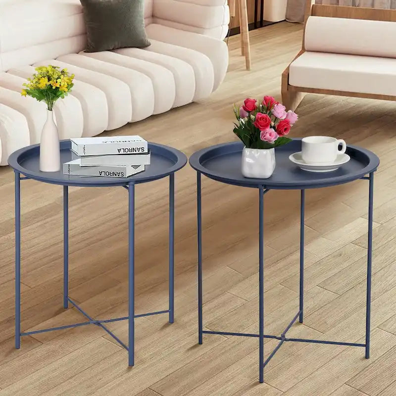 Lot de 2 Tables Rondes Pliantes, Petite Table d'Appoint Ronde en Acier, Aucun Assemblage Requis - 47 x 47 x 50 cm