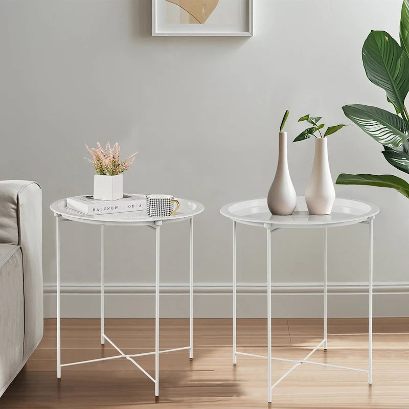 Lot de 2 Tables Rondes Pliantes, Petite Table d'Appoint Ronde en Acier, Aucun Assemblage Requis - 47 x 47 x 50 cm