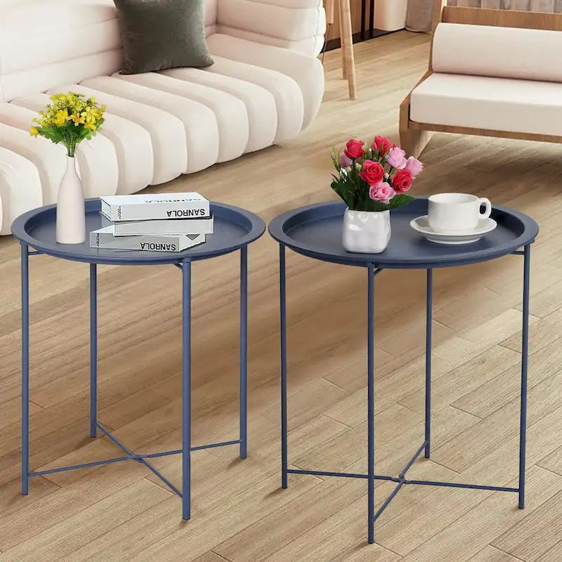 Lot de 2 Tables Rondes Pliantes, Petite Table d'Appoint Ronde en Acier, Aucun Assemblage Requis - 47 x 47 x 50 cm